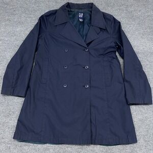 Gap Trench Coat Women Large Navy Blue Woven Cotton Blend Long Sleeve Notch Lapel